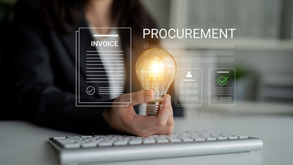 Naklejka premium A business professional presents a glowing light bulb to represent innovative ideas in the procurement process, highlighting invoices and checklists in the office environment. Cyphers