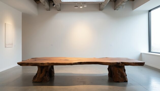 Large live edge wooden table sits in minimalist art gallery space. Textured wood grain tabletop rests on rough tree stump legs. Concrete floor, white walls create neutral show setting for furniture.