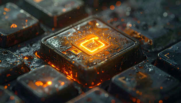 Close up of illuminated button on dark keyboard representing technology