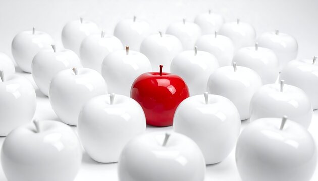 One red apple stands out among many white ones