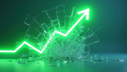 Fototapeta premium Green arrow graph breaks through glass. Upward trend signifies success overcoming obstacles. Business growth, financial progress, positive future outlook. Market improvement, new opportunities.