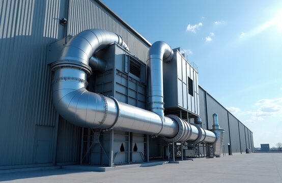 Large industrial building facade has big metal ventilation pipes and filter unit. Sunlight shines on modern structure outdoors during daytime.