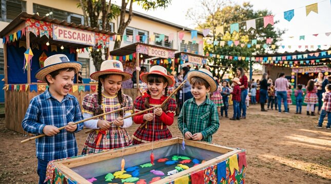 Happy children playing fishing game at a traditional brazilian festa junina celebration