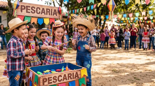 Group of happy children playing at a traditional brazilian festa junina fishing game stall