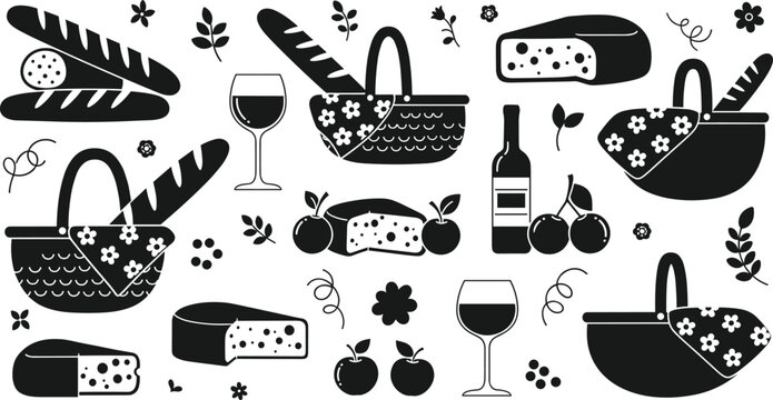 Black and White Picnic Icon Set Featuring Wine, Cheese, Bread, Fruit, and Picnic Baskets