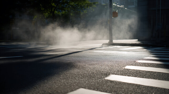 Urban street scene with steam rising from pavement, focused on crosswalk markings and traffic light pole, dynamic city atmosphere
