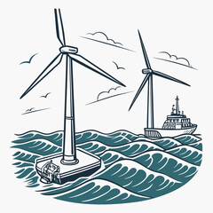 Offshore wind turbines and supply vessel vintage vector illustration high quality © rrr