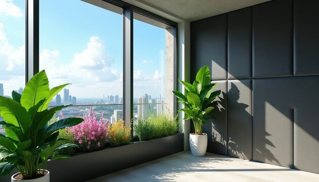 Modern apartment balcony offers city skyline view. Rich green plants adorn outdoor space. Interior features soundproof walls, natural light, and elegant decor for relaxation.
