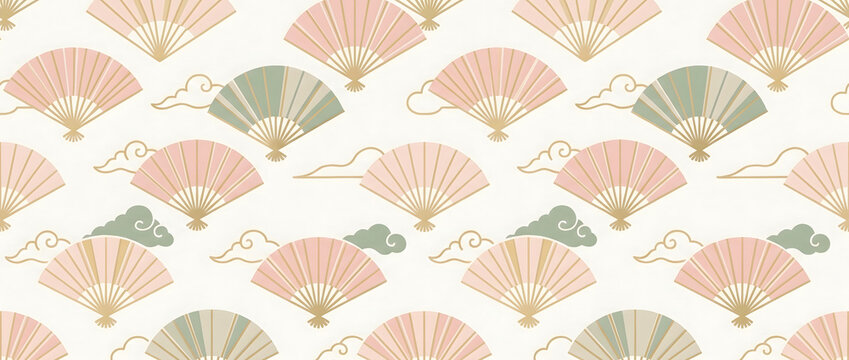 Repeated pattern background featuring pink and green folding fans with cloud motifs