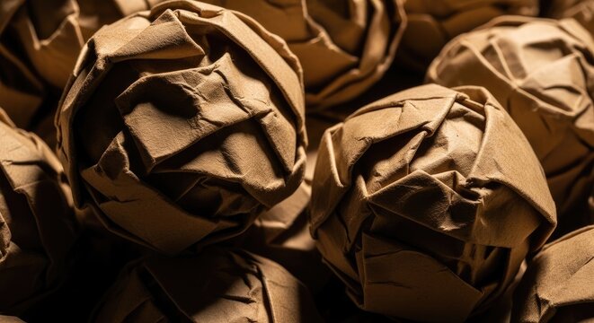 Crumpled brown paper balls texture background