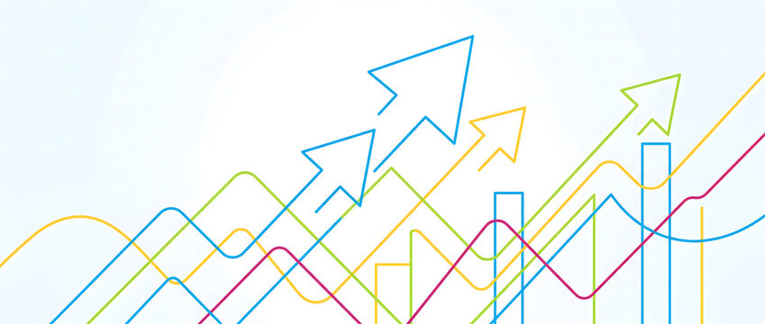 Colorful upward arrow curves and bar charts illustrating growth trends in data visualization illustration