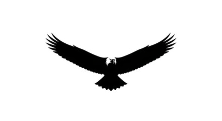 Fototapeta premium Bold black silhouette of an eagle with wings spread wide, soaring powerfully against a white background.