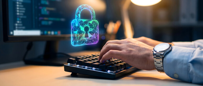 Programmer typing on keyboard with holographic security lock floating above in a tech workspace