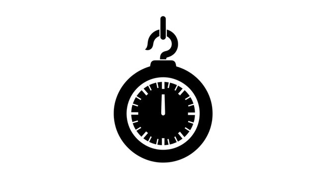 Black icon of a retro scale with a dial and hook, symbolizing weight, measurement, and balance.