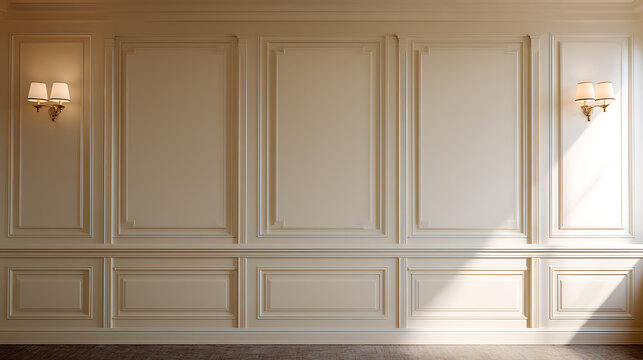 Elegant interior wall with classic wainscoting panels and ambient sconce lighting, bathed in warm sun rays, perfect for luxury design and empty room concepts