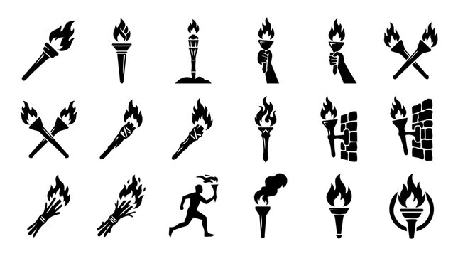 Torch Silhouette Icon Set &ndash; Fire Flame Medieval and Ceremonial Torch Symbols