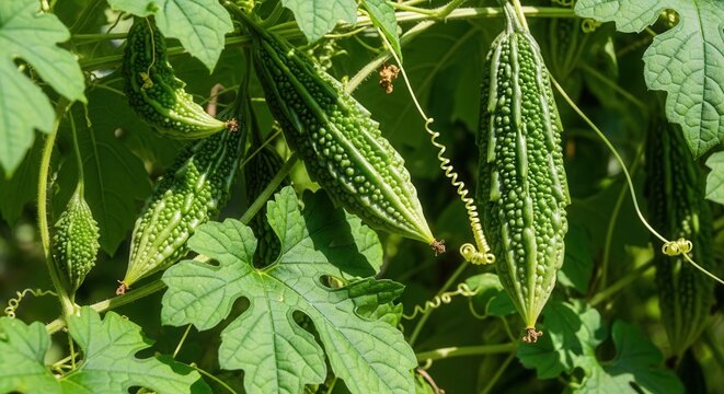 Vibrant Green Bitter Melon Fruits Growing on a Lush Vine