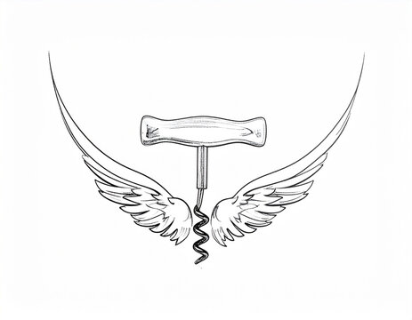 Stylized drawing of a corkscrew with wings and a handle wine opener flying