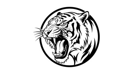 Fototapeta premium Fierce black and white illustration of a roaring tiger's head within a circle, symbolizing power and courage.