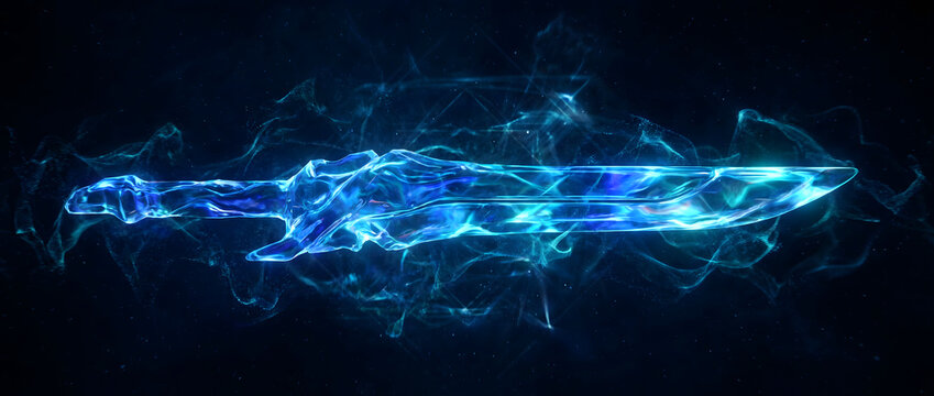 A blue energy sword with swirling smoke effects in digital illustration style
