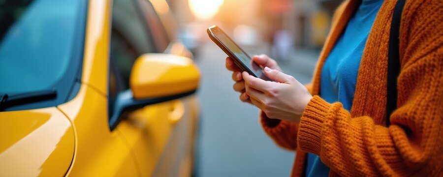 Person uses phone near yellow car. Urban commuter orders rideshare service via app. Digital mobility and on-demand transport convenience for city travel.