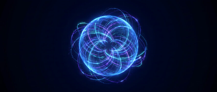 Blue light trails forming a spiral sphere energy field effect with dynamic abstract particles