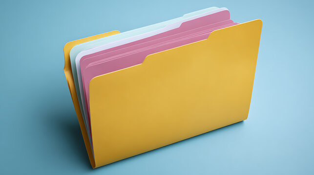 Vibrant Yellow Document Folders with Colorful Inserts Against a Bright Blue Background for Organization and Filing Supplies Concept