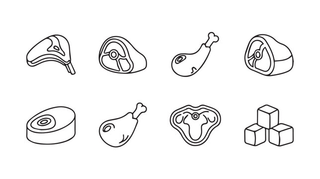 Assortment of butcher cuts and cubes rendered in a clean flat design style on white