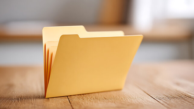 Open Manilla File Folder on Rustic Wooden Table with Blurred Background, Symbolizing Organization, Documents, Data, and Office Work