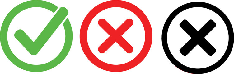 Obraz premium Set of three icons green checkmark, red cross, and black cross within circles, representing validation, rejection, and cancellation
