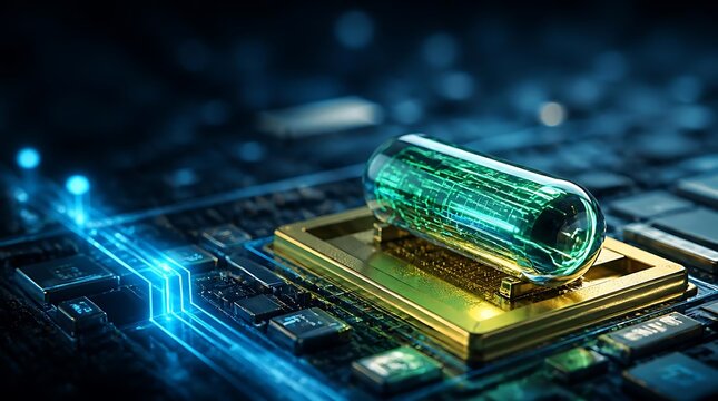 Capsule with glowing data stream on a computer chip 3d render
