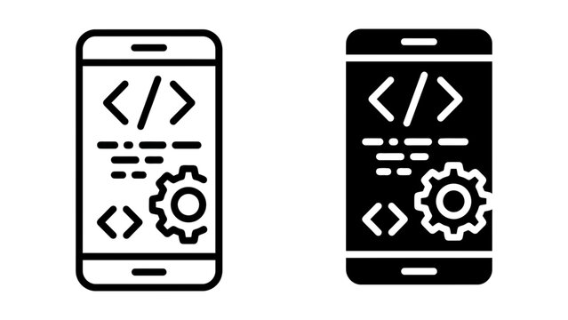 Mobile app development icon set with smartphone coding and gear, white background, vector Illustration