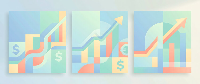 Triple-panel financial growth chart illustration with arrows, currency symbols, and geometric bar graphs in soft pastel tones