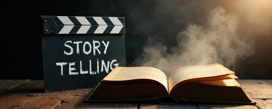 Old book opens with smoke rising. Film slate reads Story Telling. Creative concept for writers, cinema, and authors. Imagination sparks from pages.