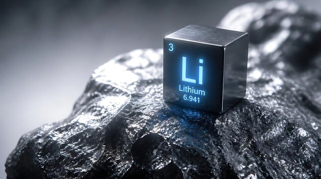Lithium element cube on dark rock periodic table symbol and atomic number