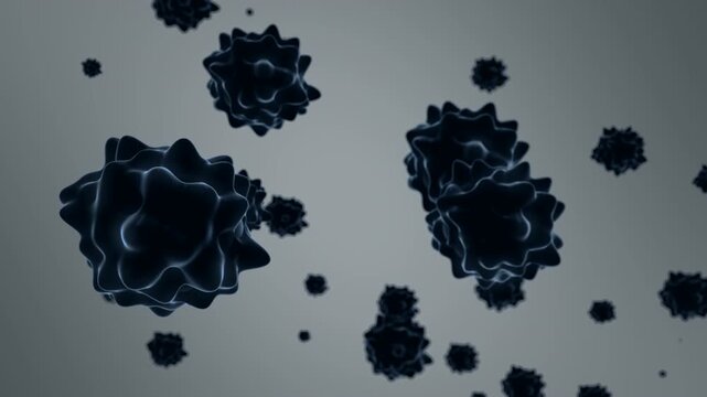 Glowing animated microorganisms float in an abstract space, reminiscent of viral particles or cells under a microscope. The animation conveys a sense of the microcosm and modern medical technologies.