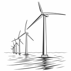 Offshore wind turbines in a seascape black and white vector illustration © aaa
