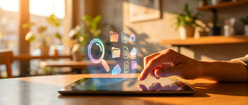 Hand touching tablet screen with floating digital icons and interface elements