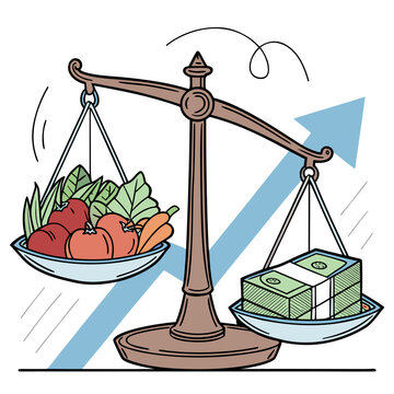 Scale balancing produce and money vector illustration of food inflation