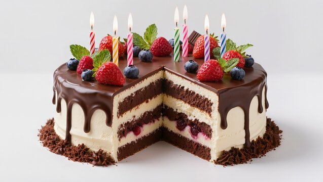 Chocolate berry framboisier cake isolated on white background
