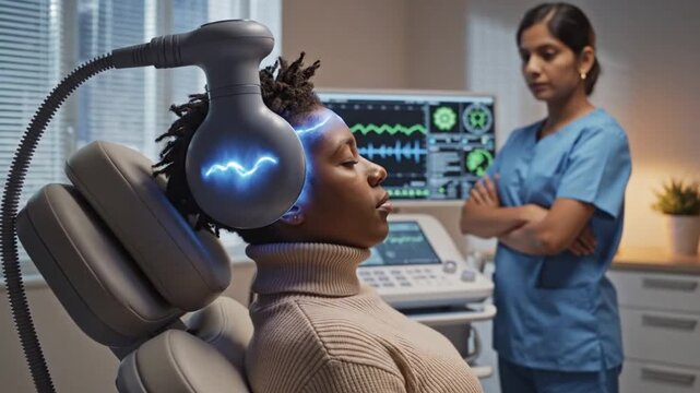 Black Woman Reclined Undergoing Brain Stimulation, Asian Nurse Monitors Diagnostic Screens And Adjusts Headset Settings. Large Electromagnetic Coil Rests Against Scalp Emitting Soft Blue Waveform,