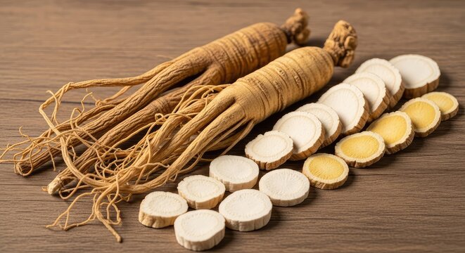 A detailed view of dried ginseng, codonopsis, astragalus, and white peony roots arranged together on a rustic brown wooden table surface, therapy, beige, herbal