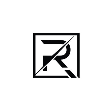 Letter r monogram inside a square frame with a diagonal slash cut for branding identity