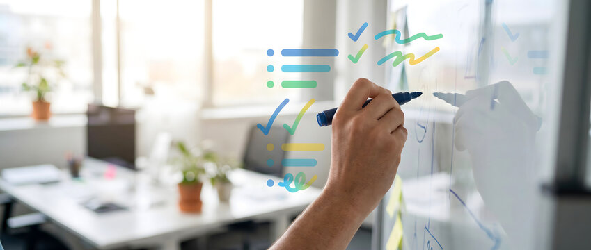 Hand holding marker drawing charts and workflow diagrams on a whiteboard in an office setting