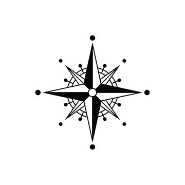 Detailed nautical compass rose symbol with four main points on a plain white background