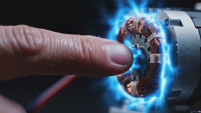 Finger Touching Energized Motor Stator, Blue Electric Arcs Surround Copper Coils As Technician Performs Precision Diagnostic Testing On Motor Assembly In Dark Workshop, Closeup Of Fingertip Near Live