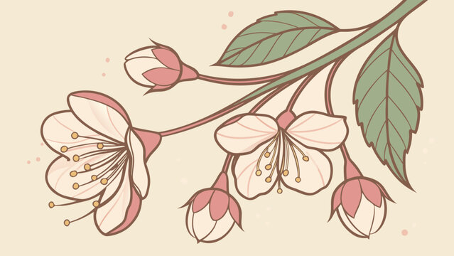 Delicate pink cherry blossom branch with buds and leaves on beige background botanical delicate illustration decoration background minimalist japanese