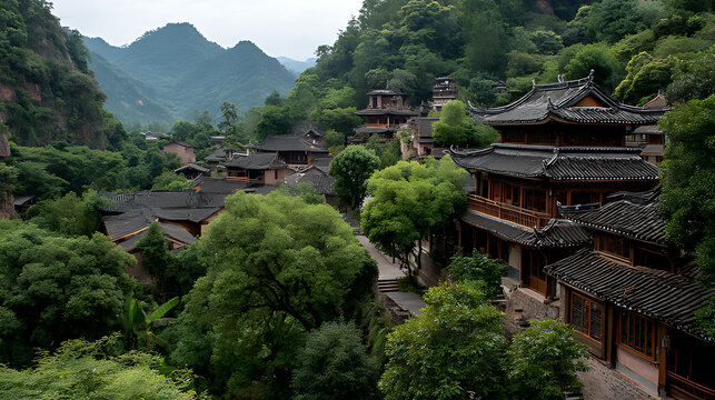 A view of traditional architecture featuring ancient villages nestled among lush green trees in the scenic mountains of Northeast Jiangxi in China
