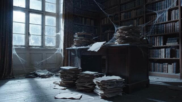 A cluttered and abandoned library study with stacks of old books and papers, covered in dust and cobwebs, evoking a sense of neglect and nostalgia.