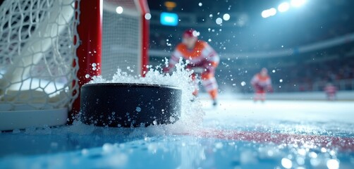 Fototapeta premium Ice hockey puck hits net with ice spray. Player scores goal in stadium arena. Action shot captures intense match competition. Intense sports moment frozen in time.